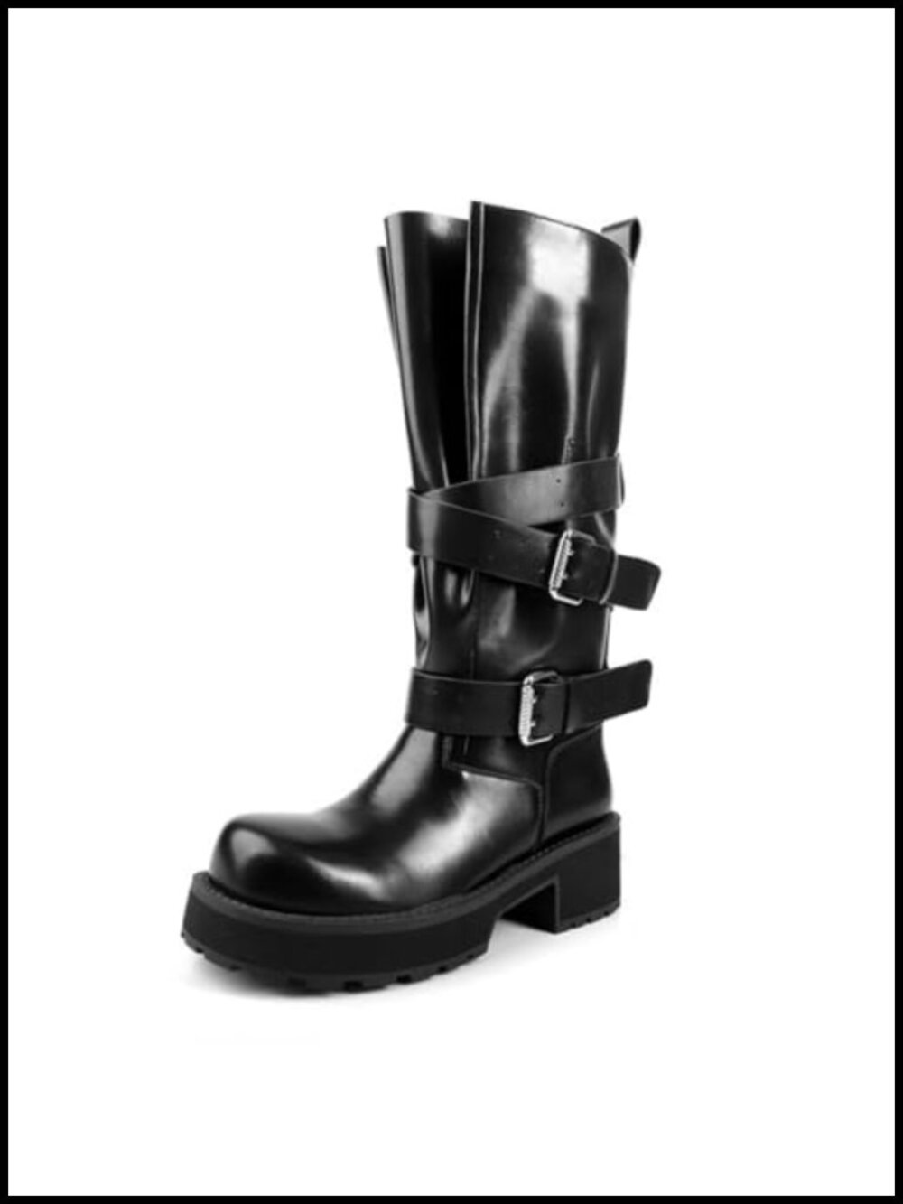 Women's Platform Knee High Boots Square Toe Chunky Heel Buckle Biker Boots